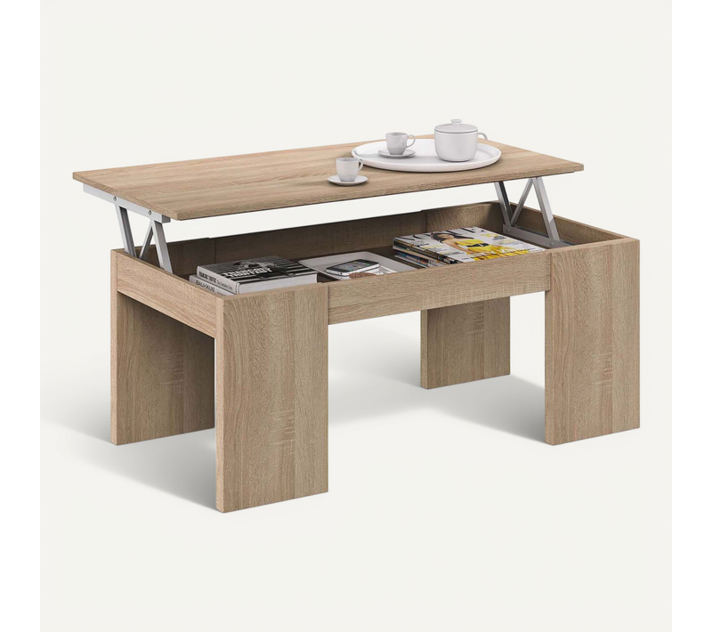 Table Basse à Plateau Relevable Coloris Chêne Canadien - Dim : 100 X 50 X 42 Cm