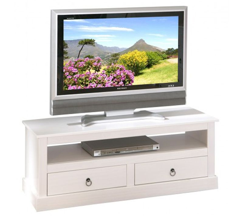 Meuble TV Design Blanc En Bois Massif - Dim : L 118 X H 45 X P 39 Cm