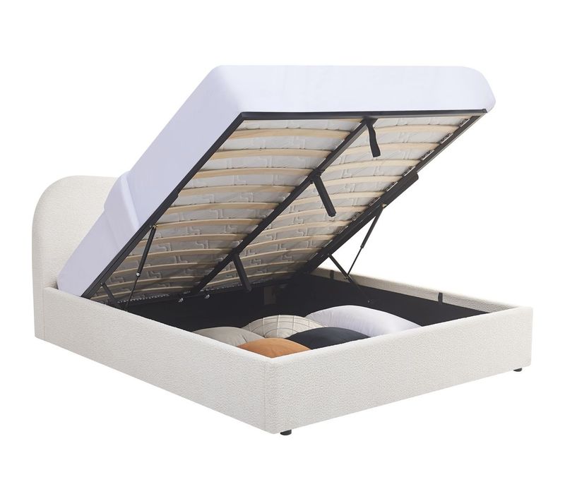 Lit Coffre Adulte 140x190 Cm Avec Tête De Lit Matelassée En Tissu Bouclé Beige - Suzon