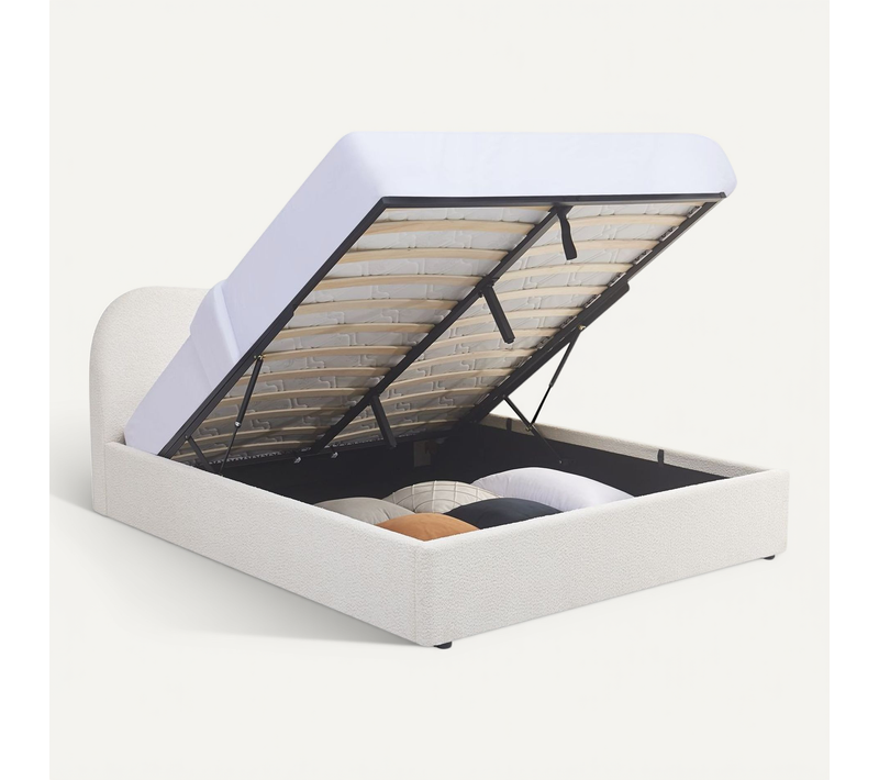 Lit Coffre Adulte 160x200 Cm Avec Tête De Lit Matelassée En Tissu Bouclé Beige - Suzon