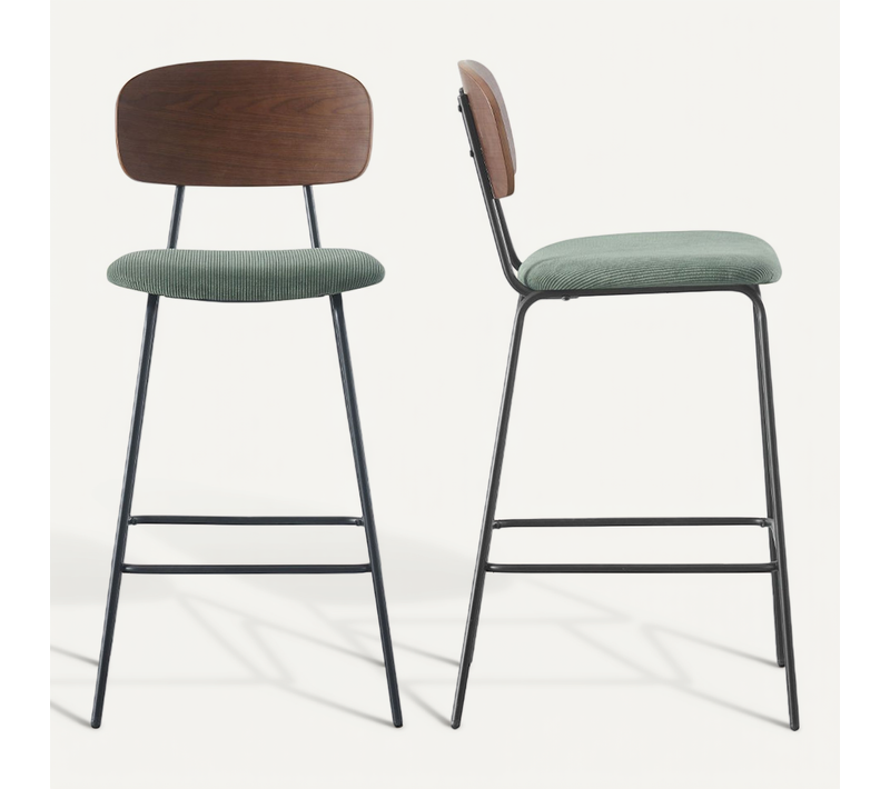 Lot De 2 Tabourets De Bar En Velours Côtelé Vert Kaki - Dany