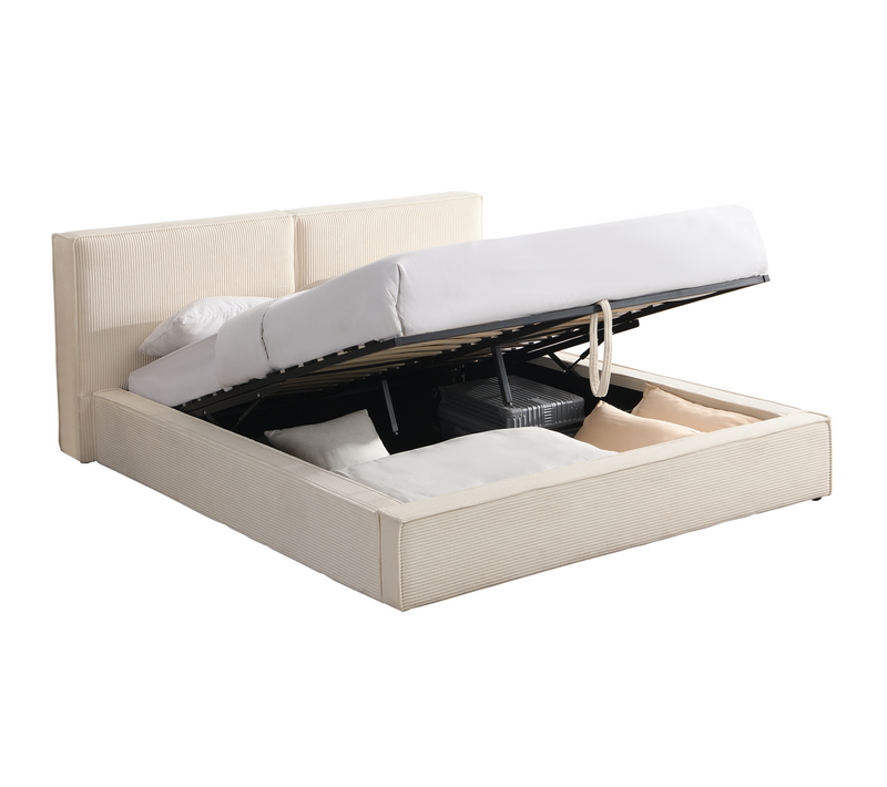 Lit Coffre Adulte 140x190 Cm Avec Sommier Et Tête De Lit Matelassée En Velours Côtelé Beige - Arno
