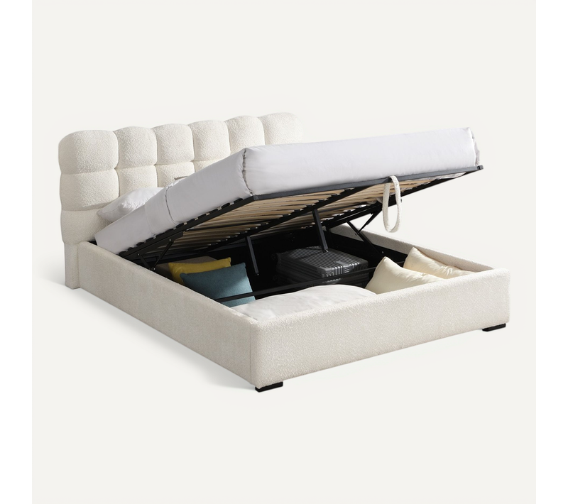 Lit Coffre Adulte 140x190 Cm Avec Sommier Et Tête De Lit Capitonnée En Tissu Bouclé Beige - Lola