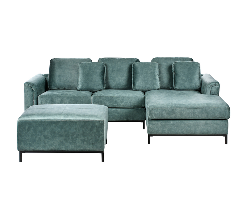 Canapé D'angle 5 Places - Canapé Réversible Oslo Velours Bleu Paon Avec Ottoman Côté Gauche