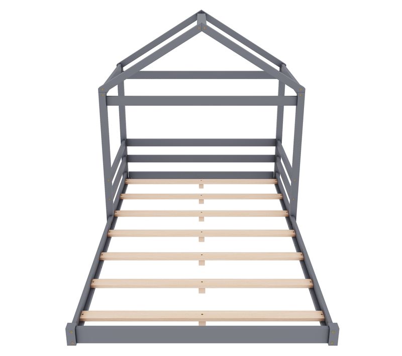 Lit De Maison Pour Enfants 140 X 200 Cm, Forme De Maison Avec Cadre à Lattes, Bois De Pin, Gris