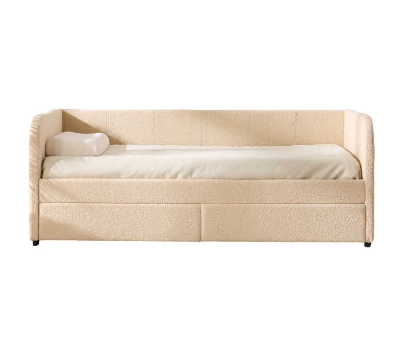 Lit Banquette Spector - 90 X 200 Cm - Avec Tiroirs De Rangement - Tissu Teddy Beige