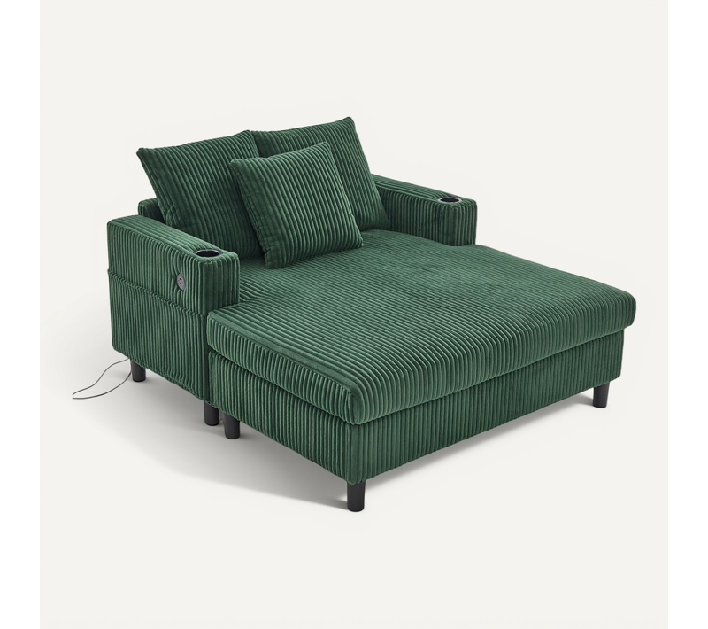 Méridienne 1 Place en Velours Vert Double Couche Pliable Avec LED et Port USB - 350kg / 128x85cm