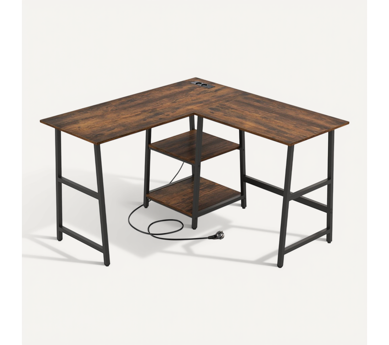 Bureau D'angle Bureau Informatique Avec Prises De Courant Etagères 120 X 120 X 75 Cm Marron