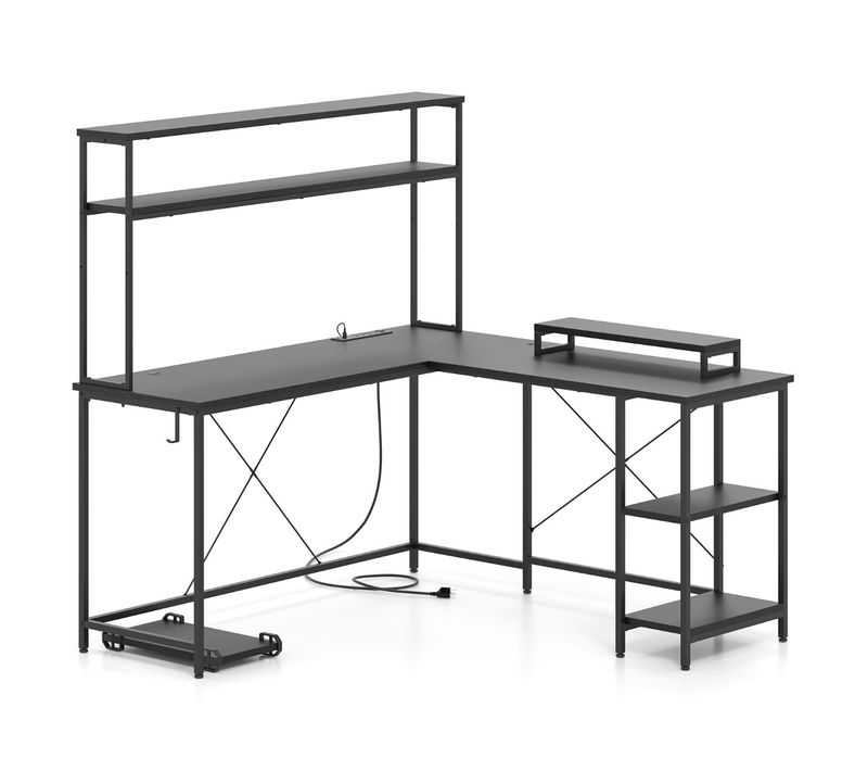 Bureau D'angle Bureau Informatique Reversible Avec LED Et Prises De Courant 145x145x147 Cm Noir