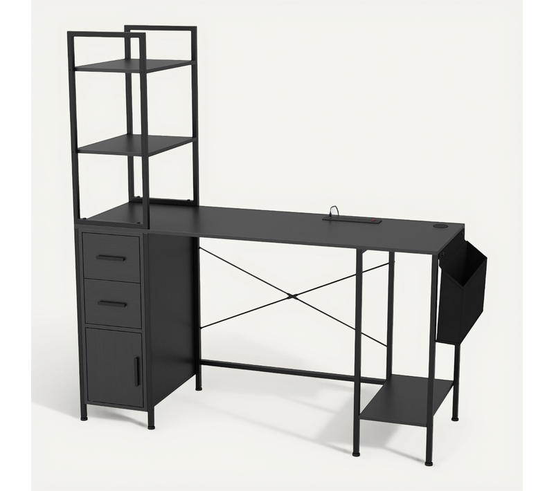 Bureau Gaming Bureau Gamer LED Moderne Avec 2 Tiroirs 145 X 50 X 147,5 Cm Noir