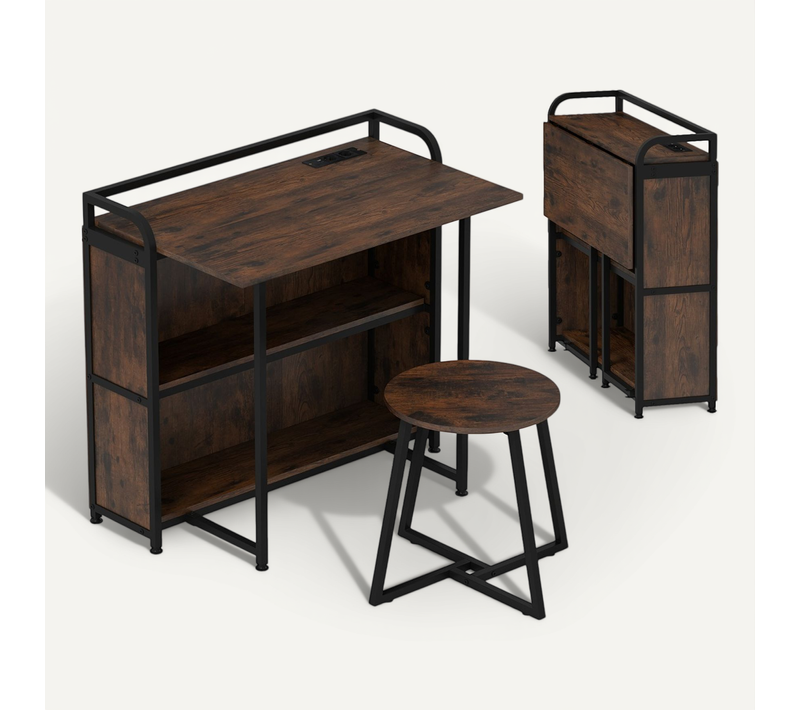 Bureau Pliable Avec Tabouret Ensemble De Bureau Et Tabouret Portable Brun Rustique