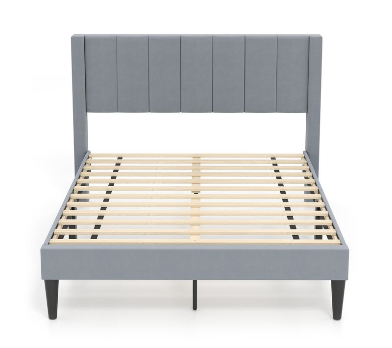 Cadre De Lit Double 140x200cm Sommier Tissu Avec Tête De Lit Lattes En Bois Patins Réglables Gris