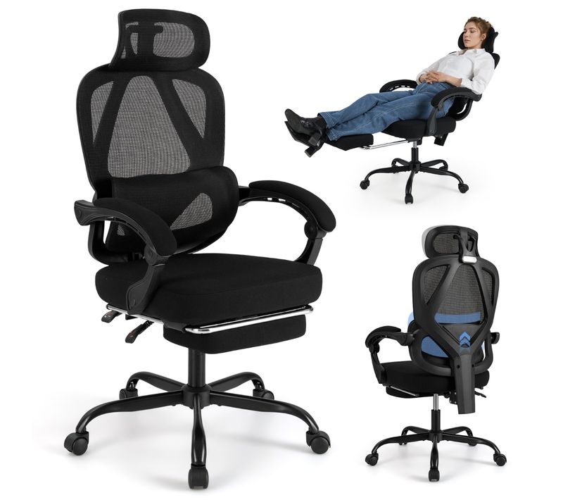 Chaise De Bureau Ergonomique Fauteuil De Bureau Pivotante Avec Repose-pieds Escamotable Noir