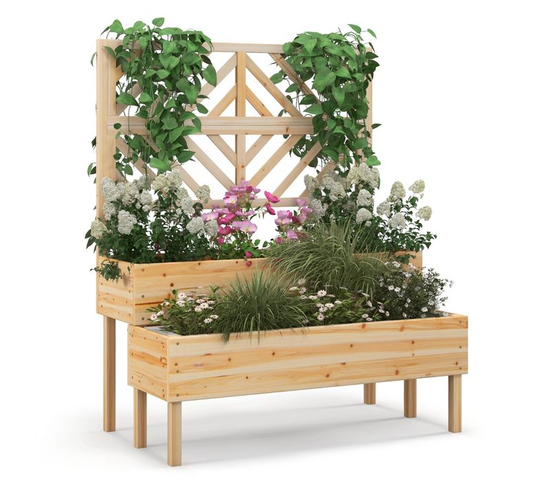 Jardinière Avec Treillis à 2 Niveaux Bac à Fleurs Rectangulaire Avec Trou De Drainage Bois