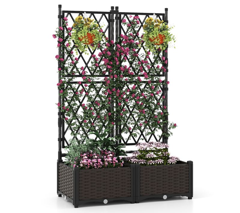 Jardinière Avec Treillis Sur Pied Double Bac à Fleur Auto-arrosage Rotin Pp Trou De Drainage Noir