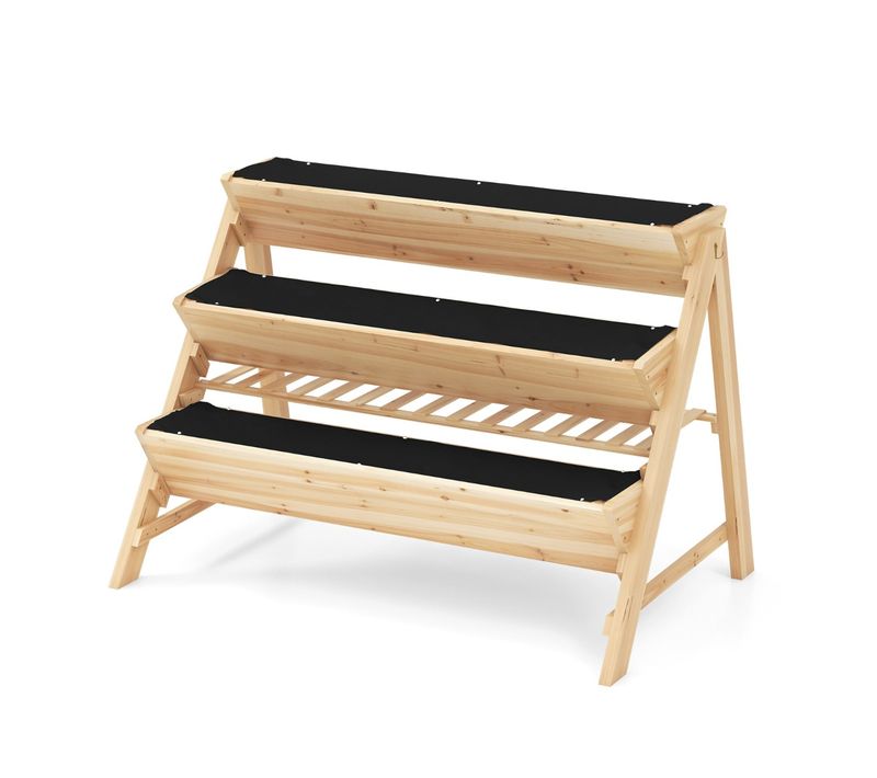 Jardinière Surélevé à 3 Niveaux Jardinière Verticale Avec Étagère 2 Crochets Suspendus Naturel Bois