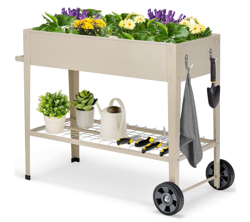 Jardinière Surélevé à Roulette Bac à Fleurs Avec Trous De Drainage Crochets Métal Blanc