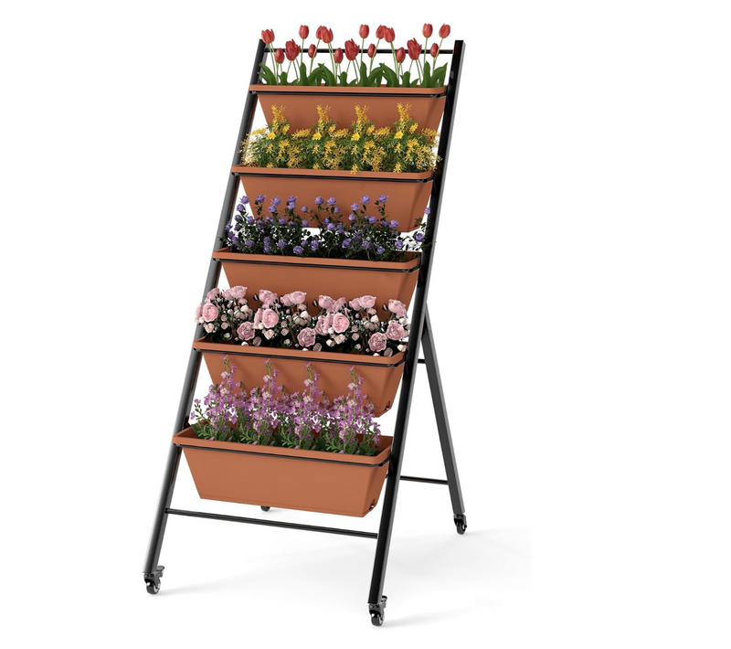 Jardinière Vertical Bac à Fleurs Mobile à 5 Niveaux Avec 5 Bacs 57 X 74 X 132 Cm Brun