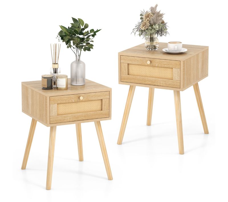 Lot De 2 Tables De Chevet Tables De Nuit Avec Tiroir Bois Rotin 40 X 40 X 55 Cm Naturel