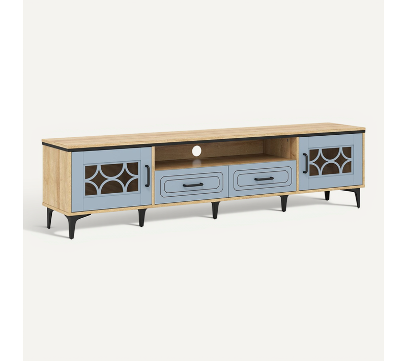 Meuble TV Banc TV Meuble De Rangement 180,5 X 35 X 46 Cm Avec 2 Tiroirsetcompartiment Bois Bleu
