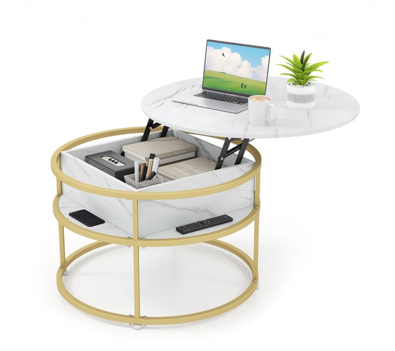 Table Basse à Plateau Relevable Table Centrale Ronde Avec Étagères Latérales Blanc