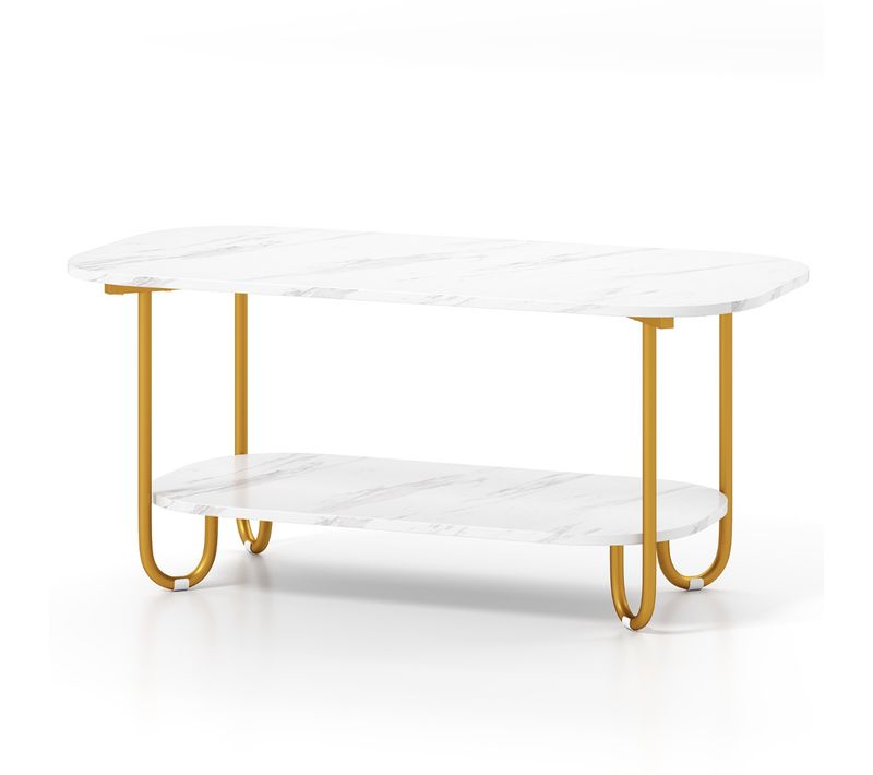 Table Basse Avec Plateau En Faux Marbre Bout De Canapé 2 Niveaux Avec Étagère Blanc