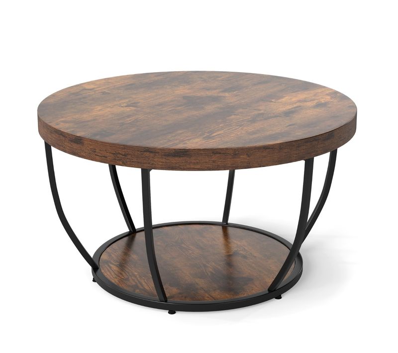 Table Basse Ronde Bout De Canapé à 2 Niveaux Cadre En Métal Robuste 80 X 80 X 45 Cm Bois Café