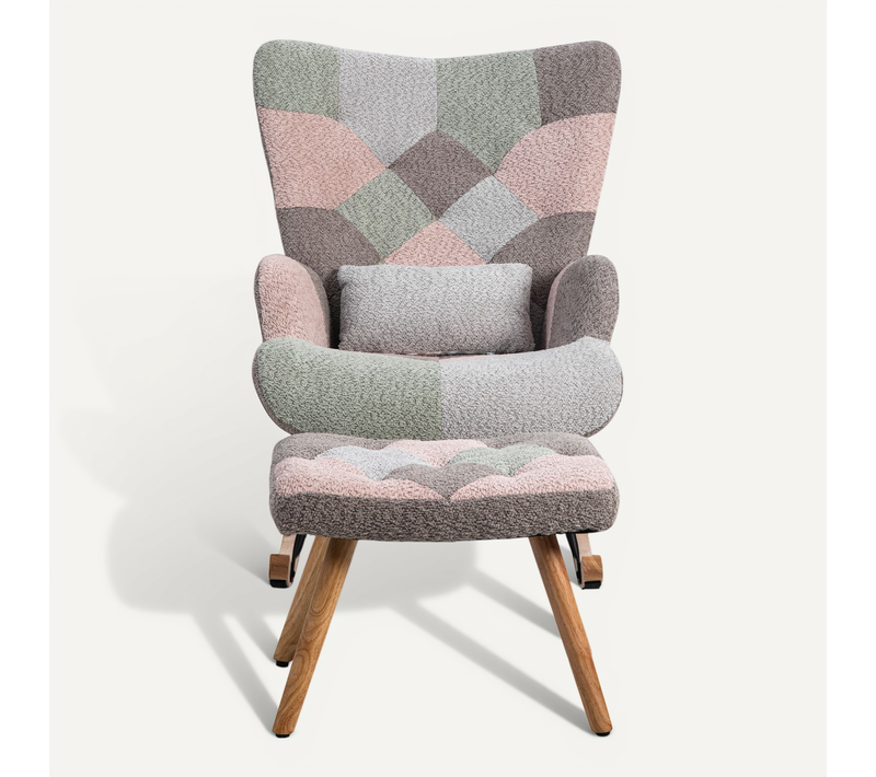 Fauteuil à Bascule Coloré, Avec Un Repose-pieds Et Un Coussin Lombaire, Bois D'hévéa, Multicolore