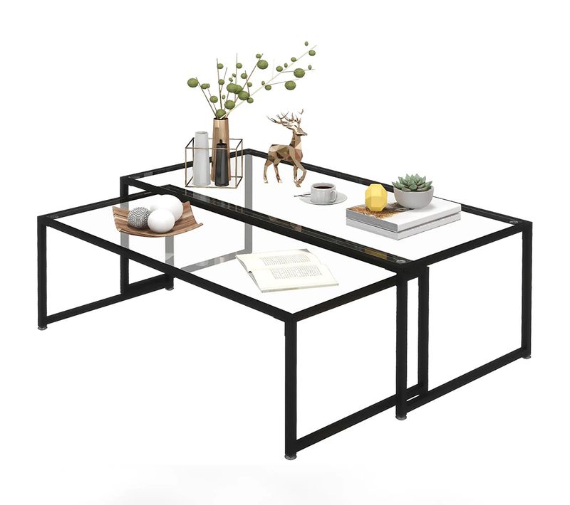 Lot De 2 Tables Basses Gigognes Tables En Acier Noir Et Plateaux En Verre Trempé