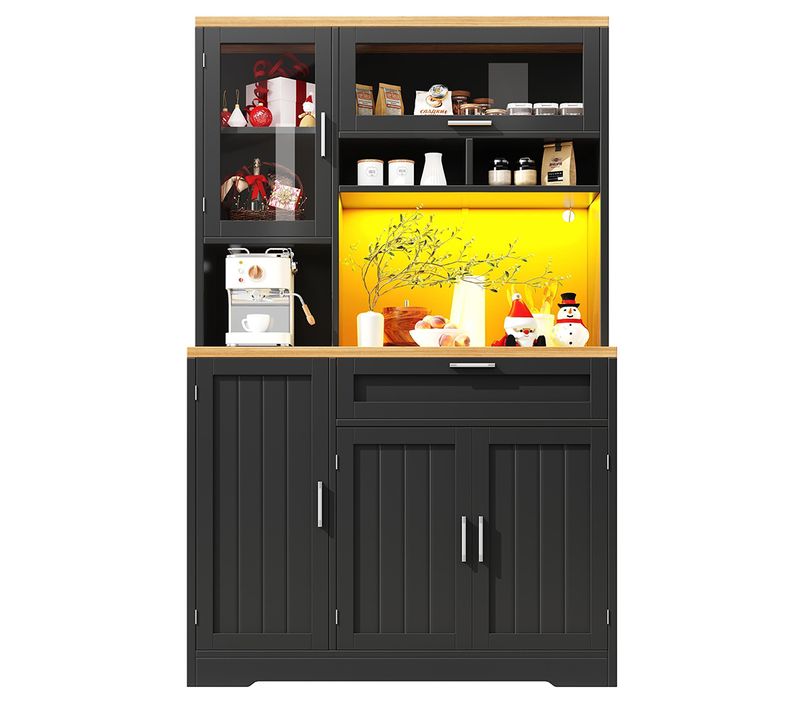 Armoire De Cuisine, Highboard, 104x40x180 Cm, Avec Éclairage LED, Mdf+métal, Noir