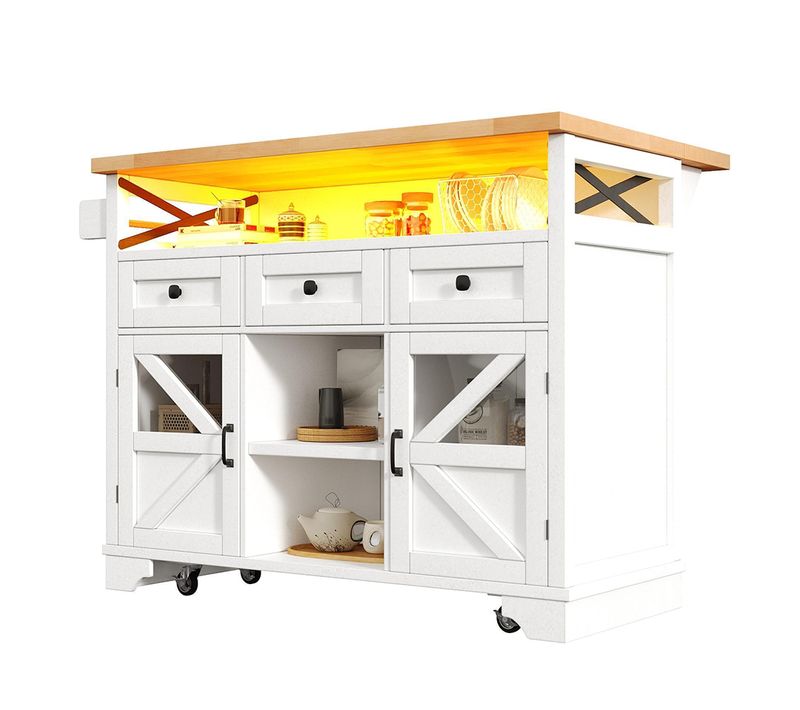 Chariot De Cuisine Avec App LED Et Table Pliante, Mobile, Blanc