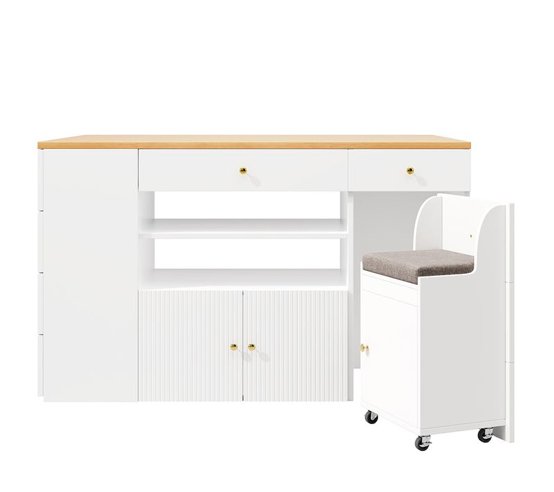 Ilot De Cuisine Avec Tabourets De Bar, Avec 6 Tiroirs Et Tabourets, Blanc