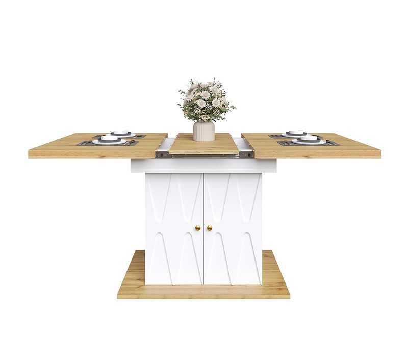 Table De Salle à Manger 110(140)x70x76,5 Cm, Avec Motif En Relief, Placage Bois, Blanc