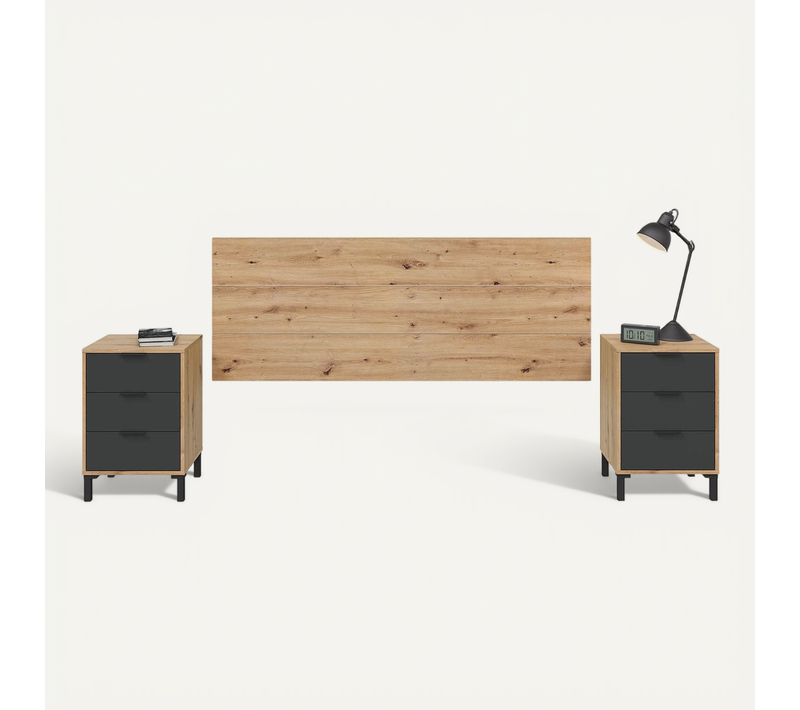 Tête De Lit En Mélamine Avec 2 Chevets Coloris Chêne Gris Anthracite - H. 101 X L. 240 Cm X P. 33 Cm