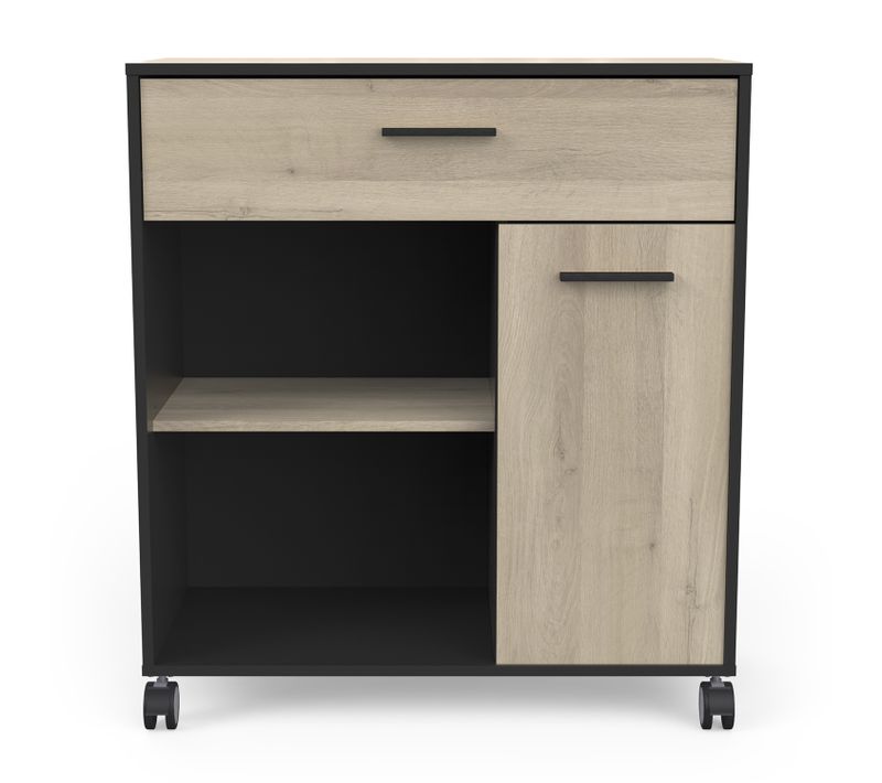 Desserte Micro-ondes Pour Cuisine Coloris Chêne Kronberg, Noir Mat -l. 81 X H. 90,30 X P. 39,6 Cm