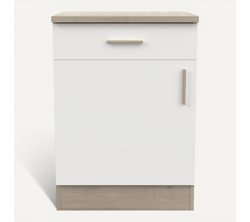 Meuble Bas De Cuisine 1 Porte + 1 Tiroir Coloris Chêne Kronberg, Blanc - L. 60 X H. 85 X P. 60 Cm