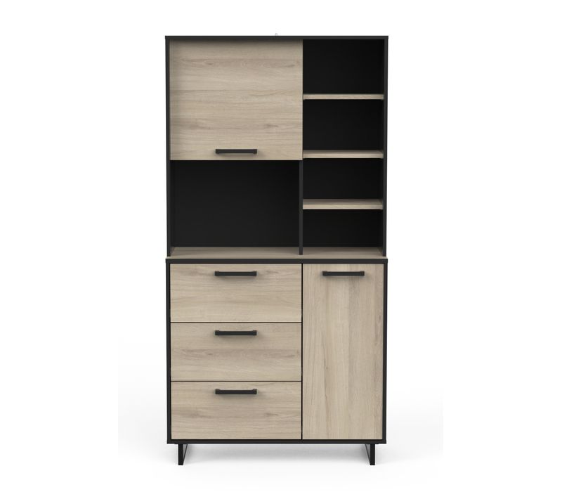 Buffet De Cuisine 2 Portes + 3 Tiroirs Coloris Chêne Kronberg, Noir Mat