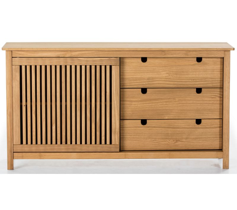 Buffet Bas En Pin Massif Décor Ciré Chêne, Meuble De Rangement - L. 150 X P. 40 X H. 80 Cm