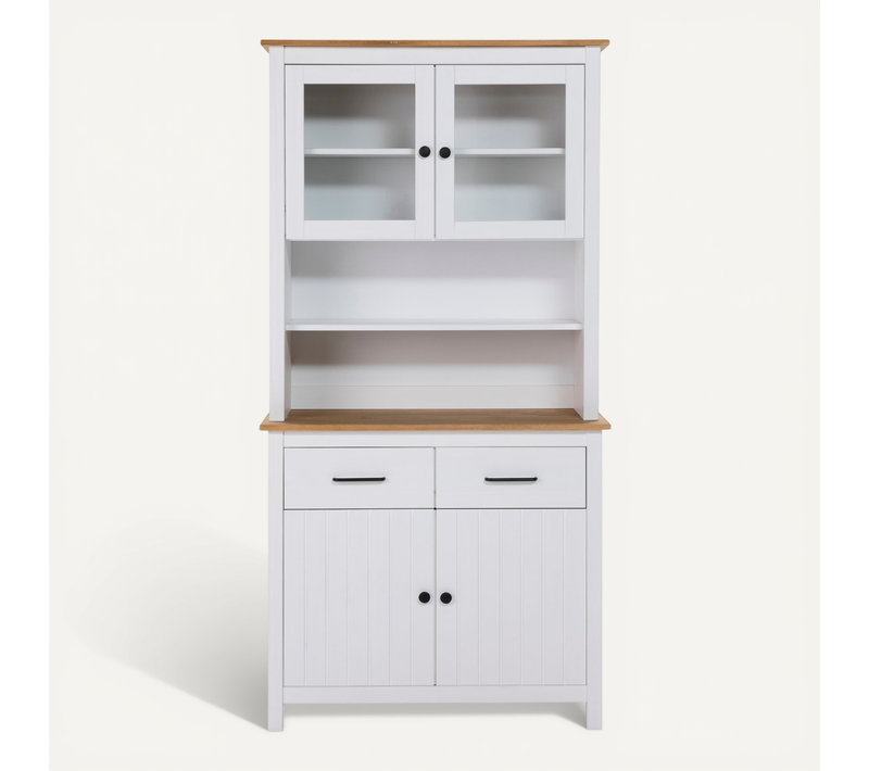 Vitrine En Pin Massif Décor Ciré Chêne Et Blanc, Meuble De Rangement - L. 90 X P. 40 X H. 180 Cm