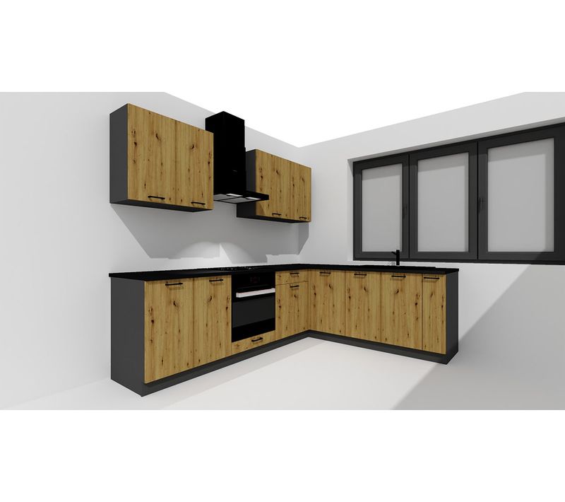 Cuisine Complète D'angle Ania 9 Éléments Couleur Chêne Artisan, Graphite - Longueur 200/260 Cm