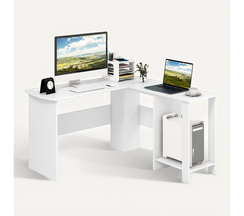 Bureau D'angle Bureau Informatique En L - 130x130x74cm - Étagères à 2 Niveaux Contemporain Blanc