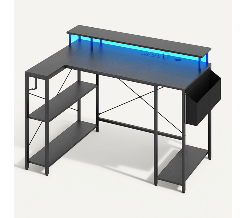 Bureau Gaming, Bureau Gamer Avec LED Et Prises De Courant 120x80x87cm Noir