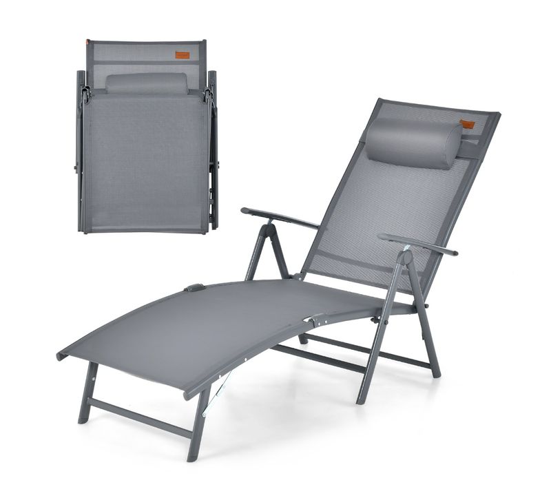 Bain De Soleil Transat Chaise Longue Pliante Avec Dossier Réglable Accoudoir Repose-tête Gris