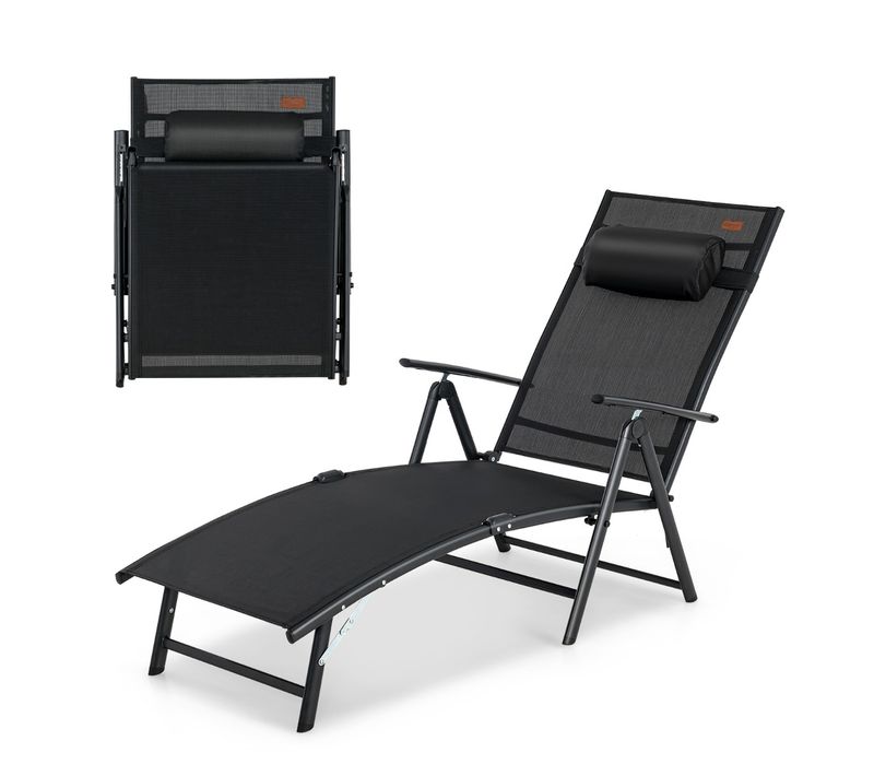 Bain De Soleil Transat Chaise Longue Pliante Avec Dossier Réglable Accoudoir Repose-tête Noir
