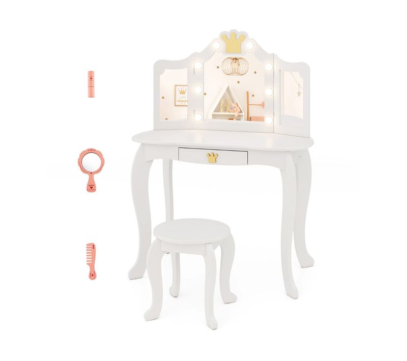 Coiffeuse Enfants, Table De Maquillage Avec Tabouret Miroir Eclairé Pliable Pour 3-7 Ans Blanc