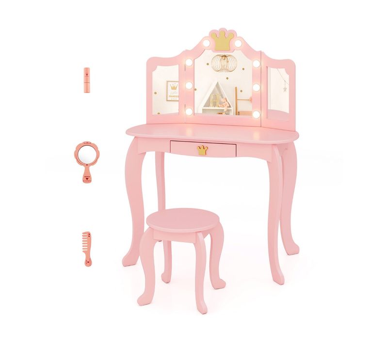 Coiffeuse Enfants, Table De Maquillage Avec Tabouret Miroir Eclairé Pliable Pour 3-7 Ans Rose