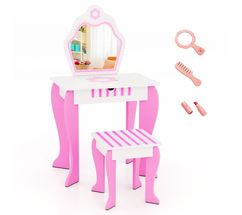 Coiffeuse Enfants, Table De Maquillage Avec Miroir Tabouret Style Princesse Rose