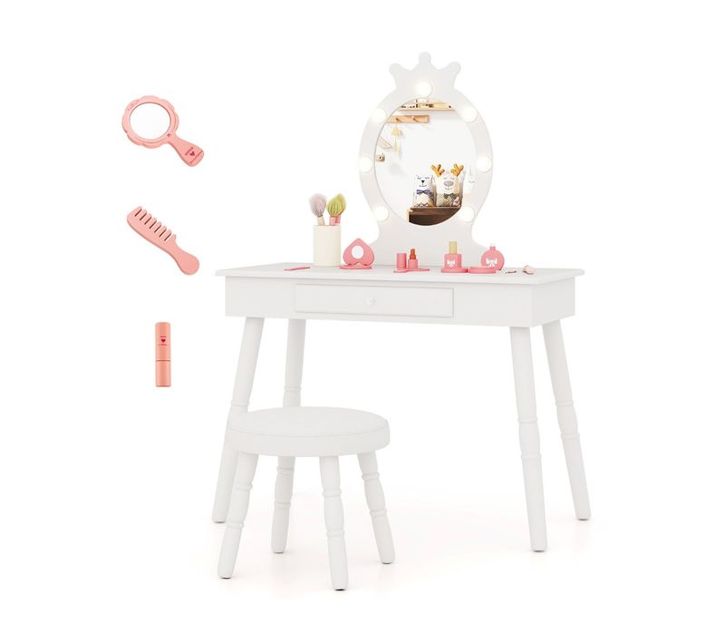 Ensemble De Coiffeuse Pour Enfants Avec Miroir Eclairé Réglable Pour 3-7 Ans Blanc