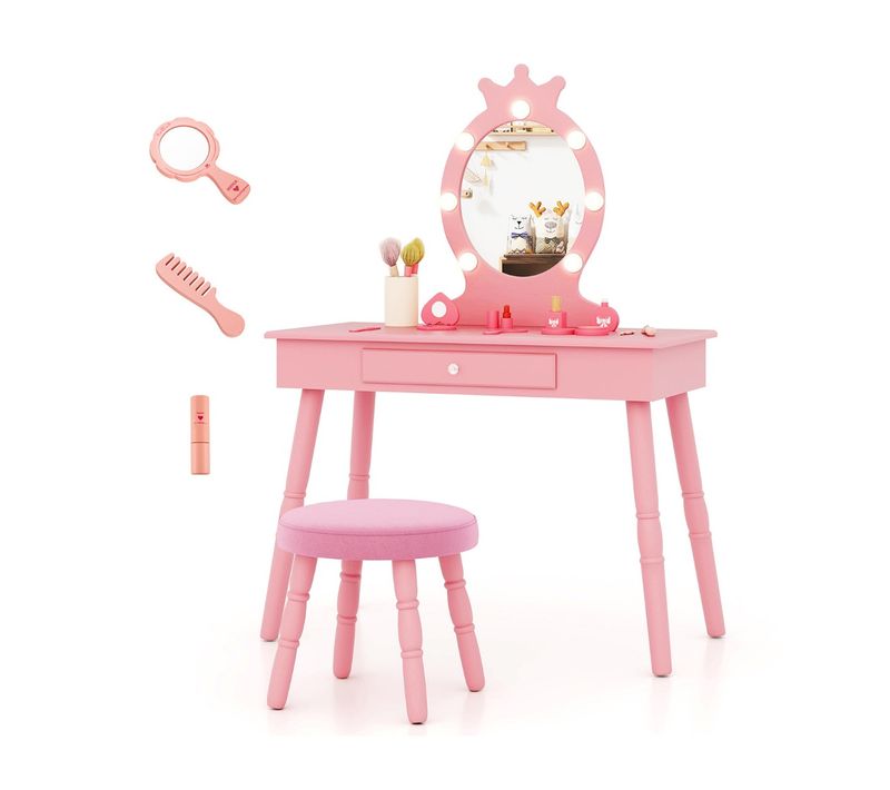Ensemble De Coiffeuse Pour Enfants Avec Miroir Eclairé Réglable Pour 3-7 Ans Rose