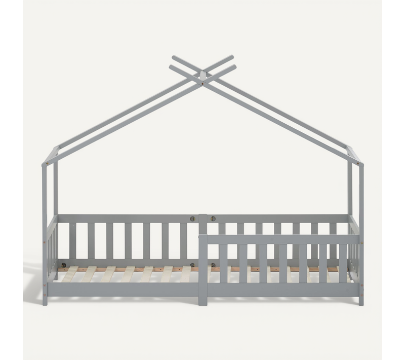 Lit D'enfant, 200x90 Cm, En Bois Massif, Avec Garde-corps Et Protection Contre Les Chutes, Gris
